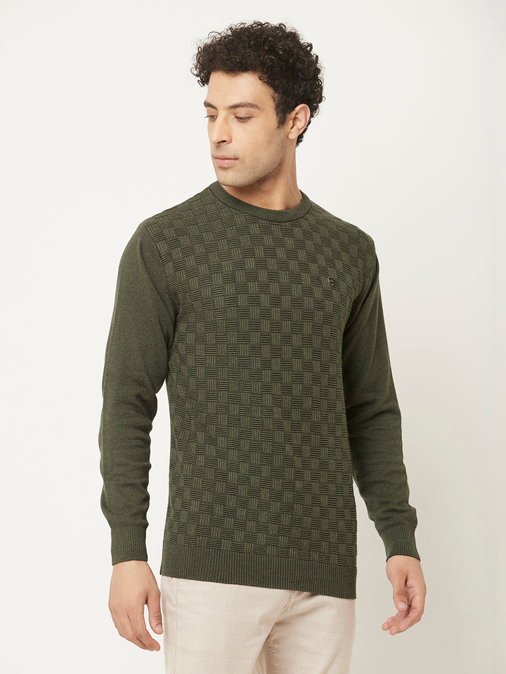 Army Green Sweater in Self Design Pattern-Men Sweaters-Crimsoune Club