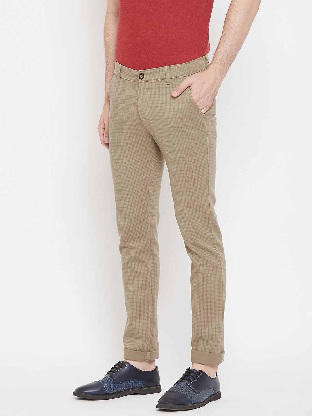 Brown Checked Slim Fit Trousers - Men Trousers