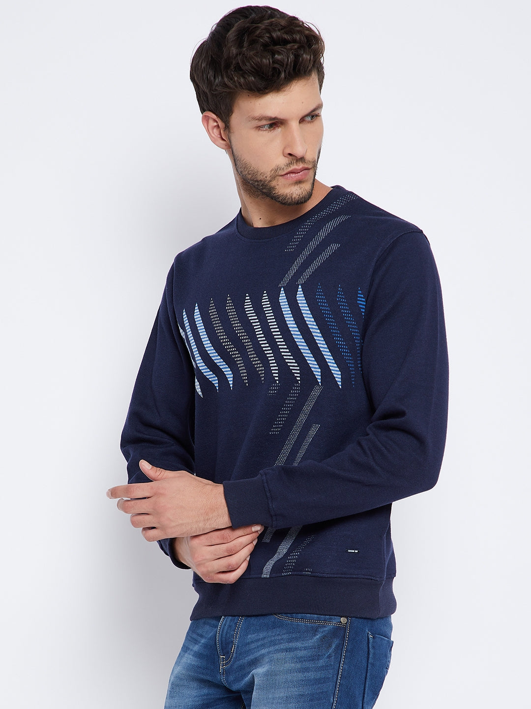 Navy Blue Printed Round Neck Sweatshirt - Men Sweatshirts