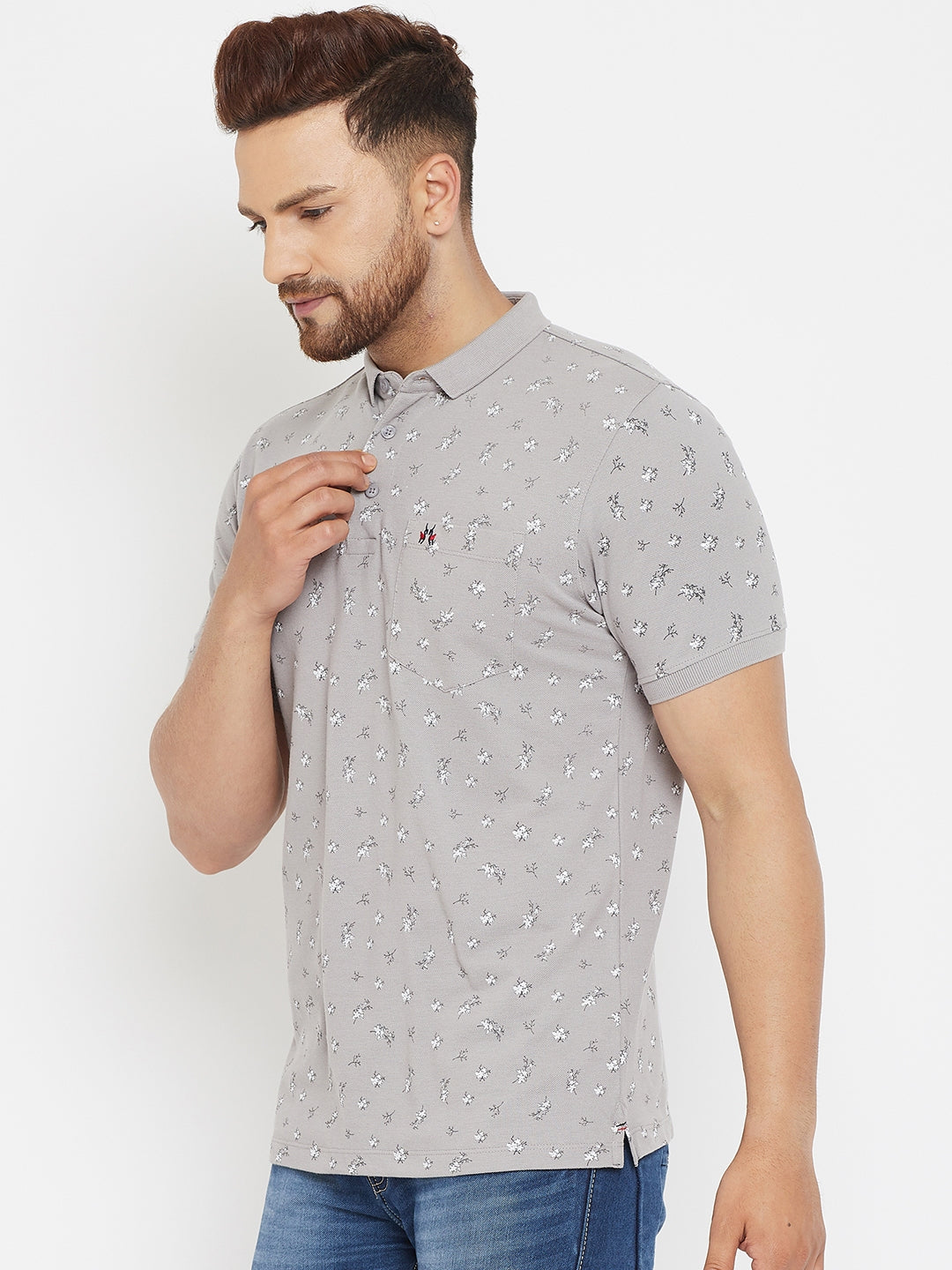 Grey Printed Polo T-Shirt - Men T-Shirts