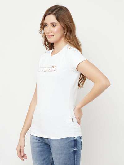 White Printed Round Neck T-Shirt - Women T-Shirts