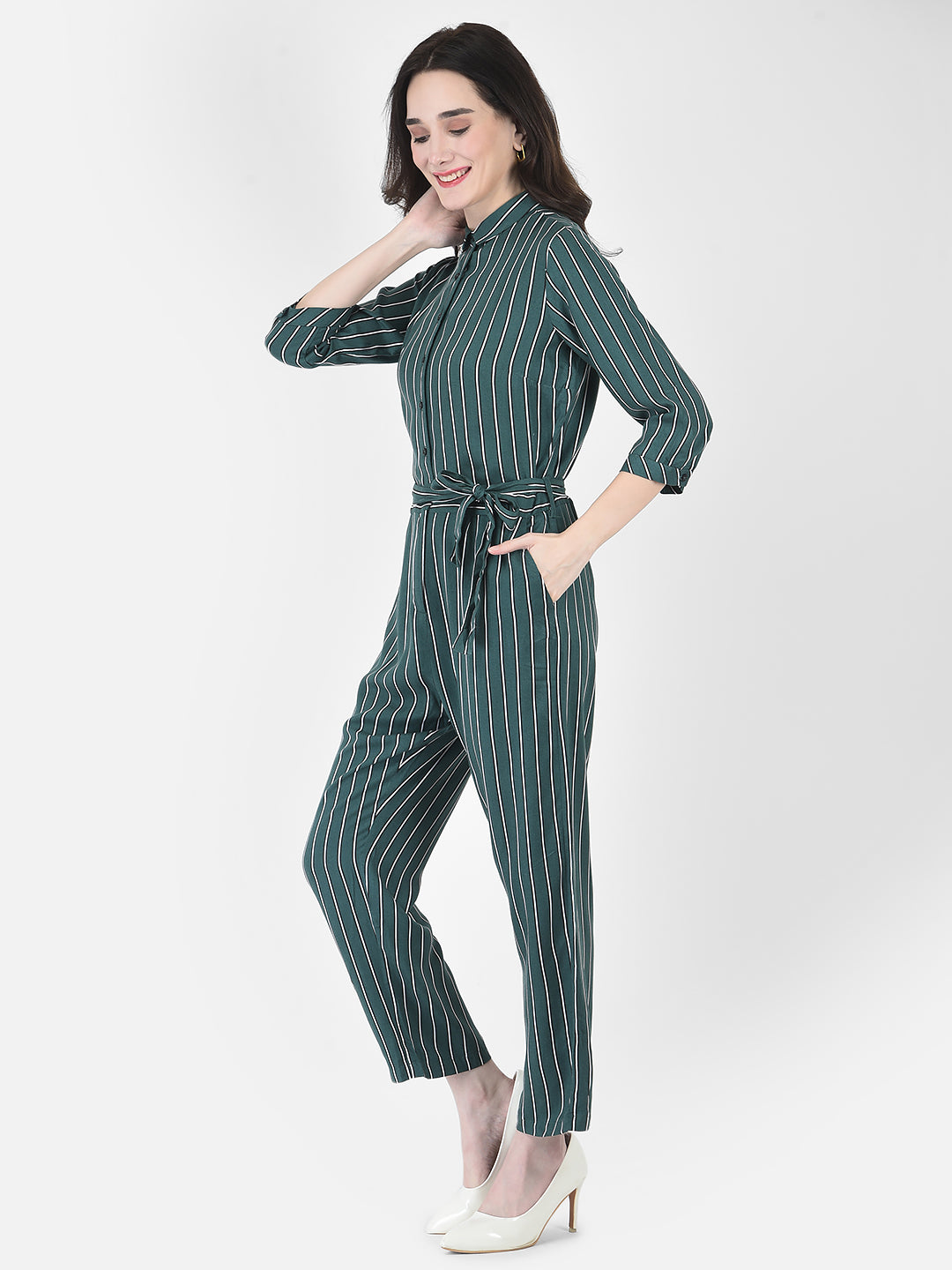Viridian Green Striped Jumpsuit - Women Dungarees