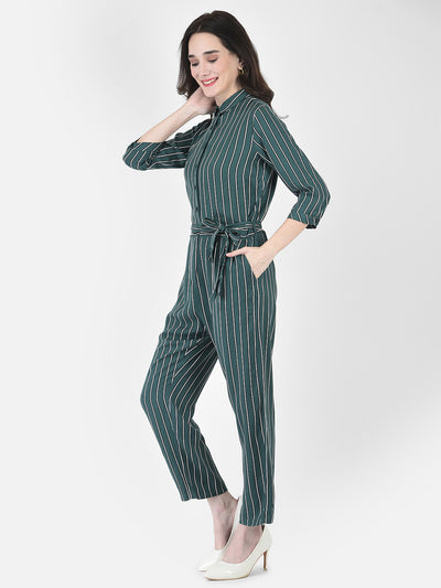 Viridian Green Striped Jumpsuit - Women Dungarees