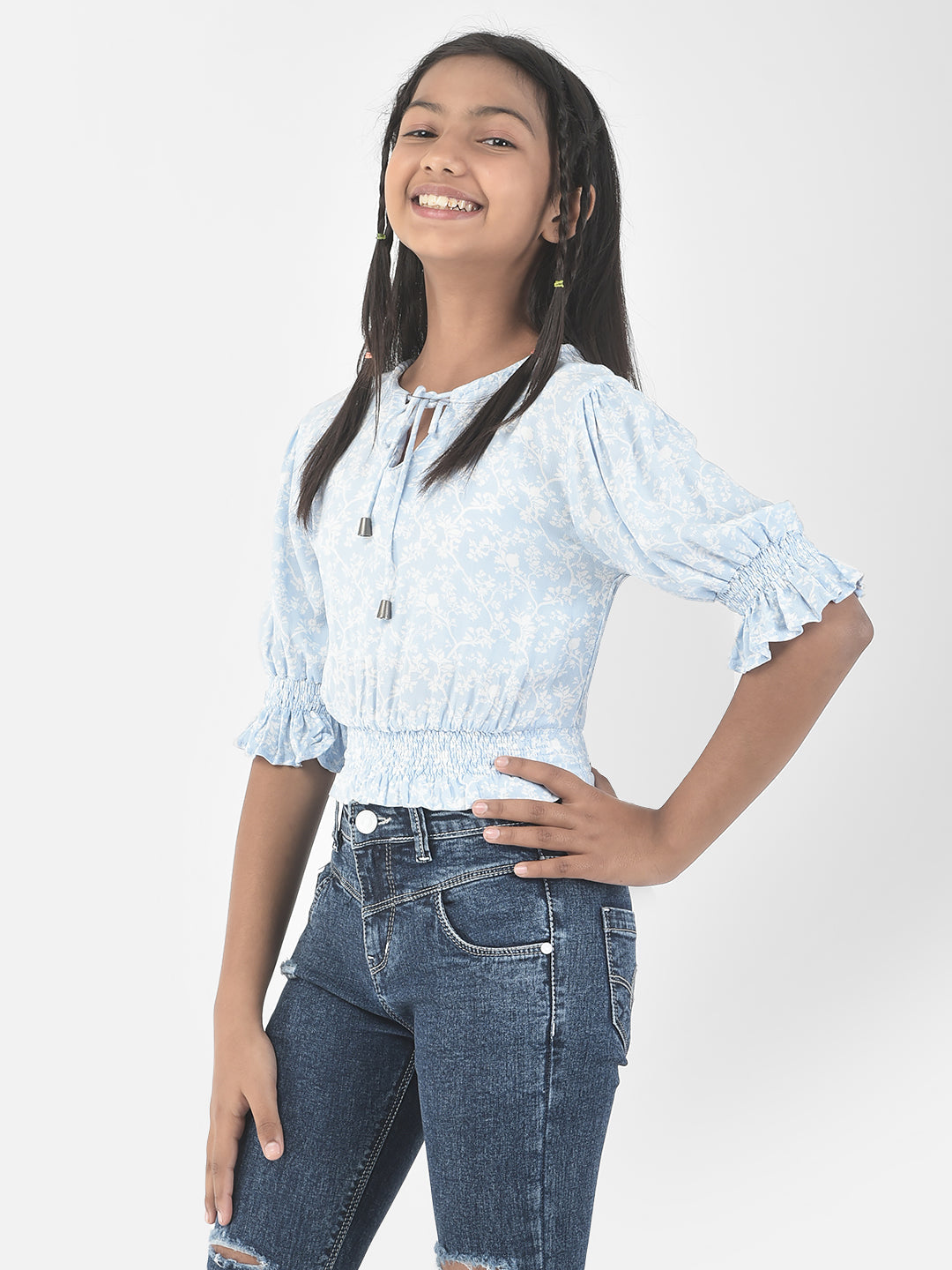  Cropped Sky Blue Floral Print Top