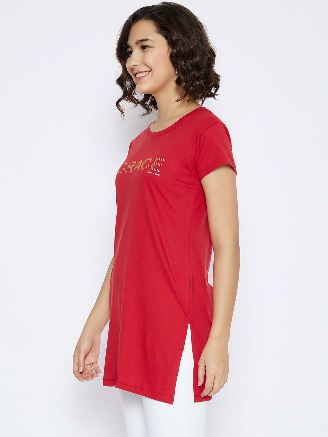 Red Printed Round Neck T-shirt - Women T-Shirts