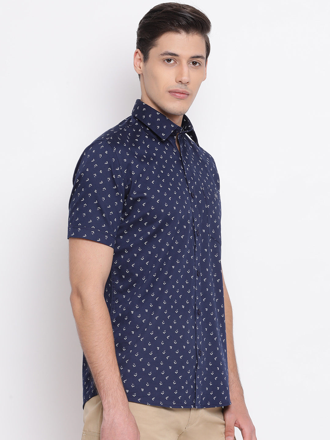 Navy Blue Printed Spread Collar Slim Fit Shirt - Men Shirts