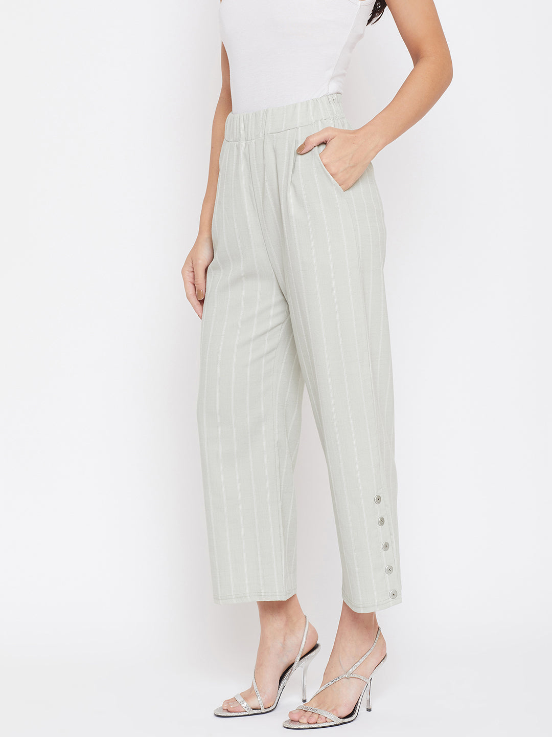 Grey Striped Parallel Trousers - Women Trousers