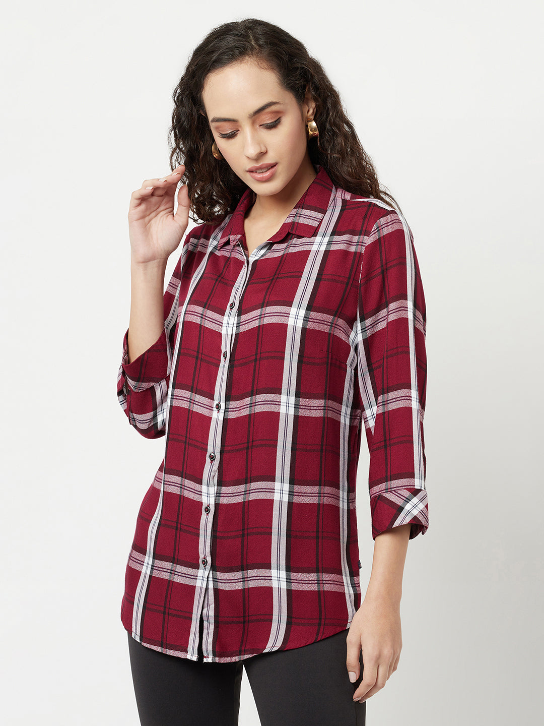 Maroon Checked Shirt-Women Shirts-Crimsoune Club