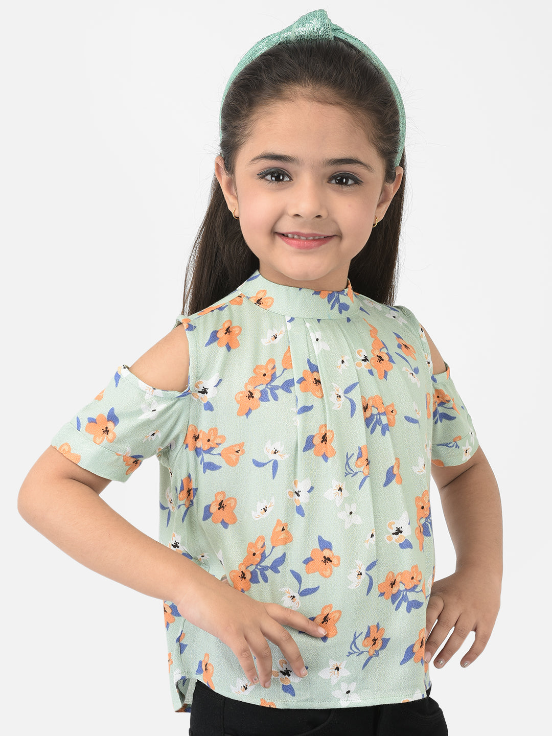 Green Cold Shoulder Sleeves Floral Printed Top - Girls Tops