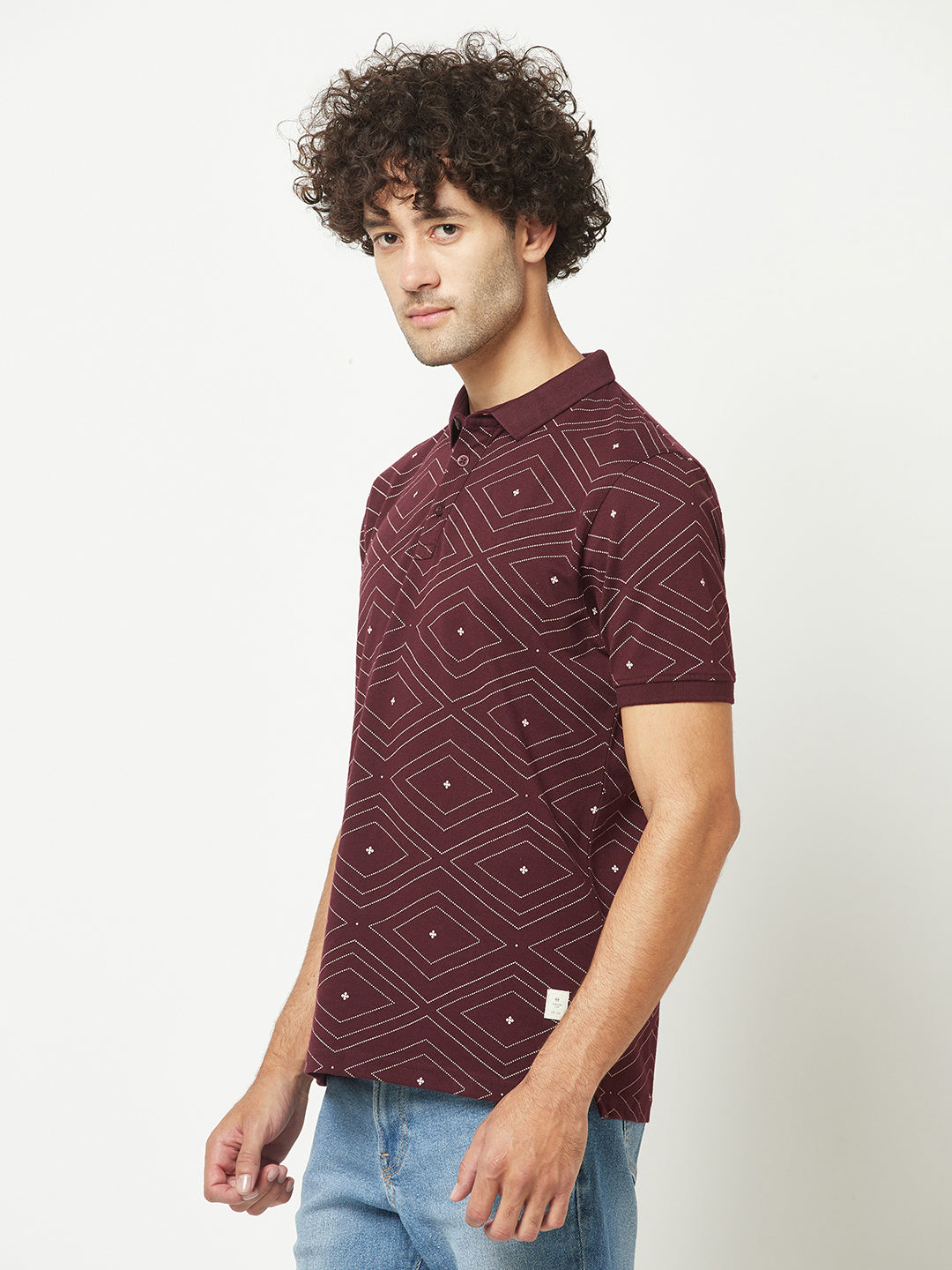  Wine Geometric Print Polo T-Shirt