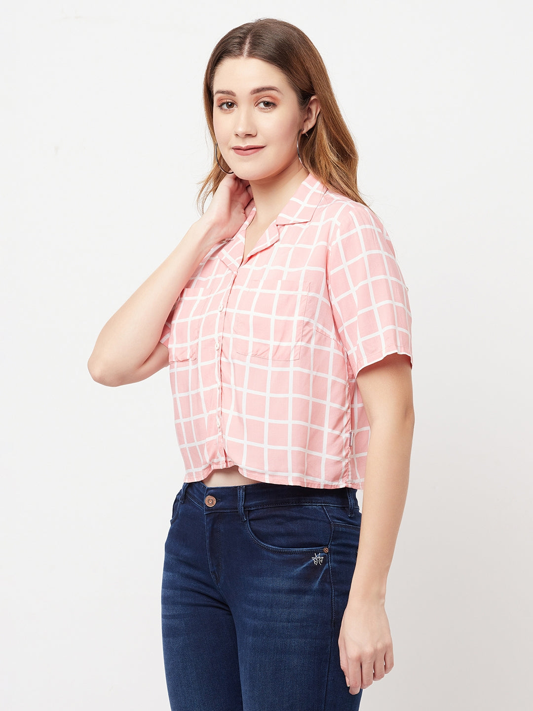 Pink Graph Checked Cropped Top - Women Tops