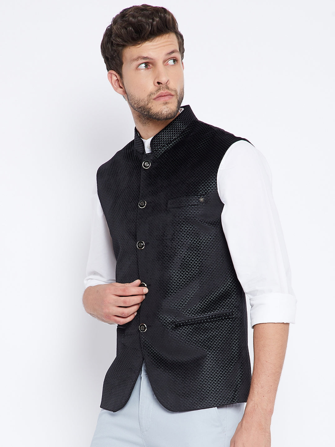 Black Printed Mandarin Waistcoat - Men Waist Coat