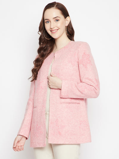 Pink Floral Round Neck Blazer-Women Blazer-Crimsoune Club