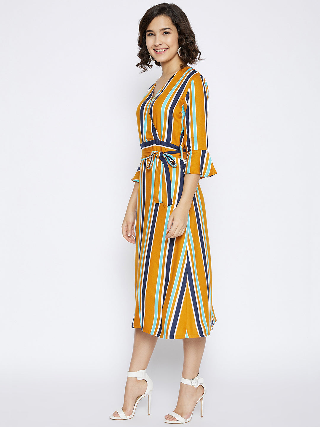 Mustard Striped Wrap Dress - Women Dresses