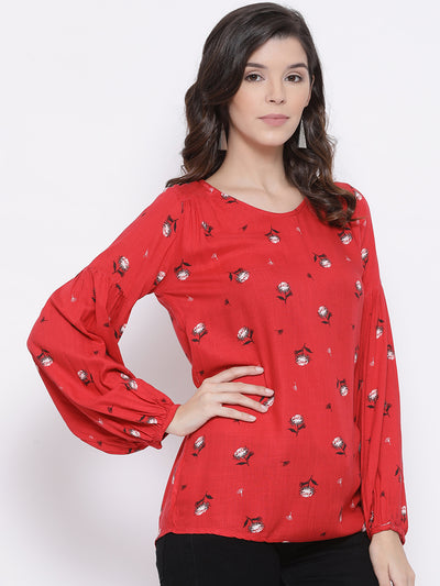 Red Printed Round Neck Tops - Women Tops