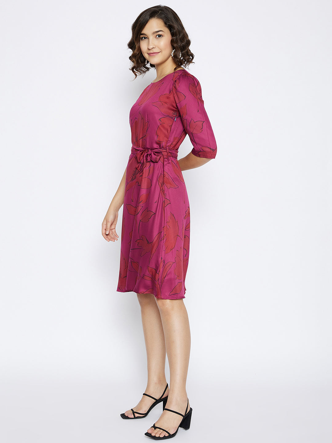 Maroon Floral Print A-line Dress - Women Dresses