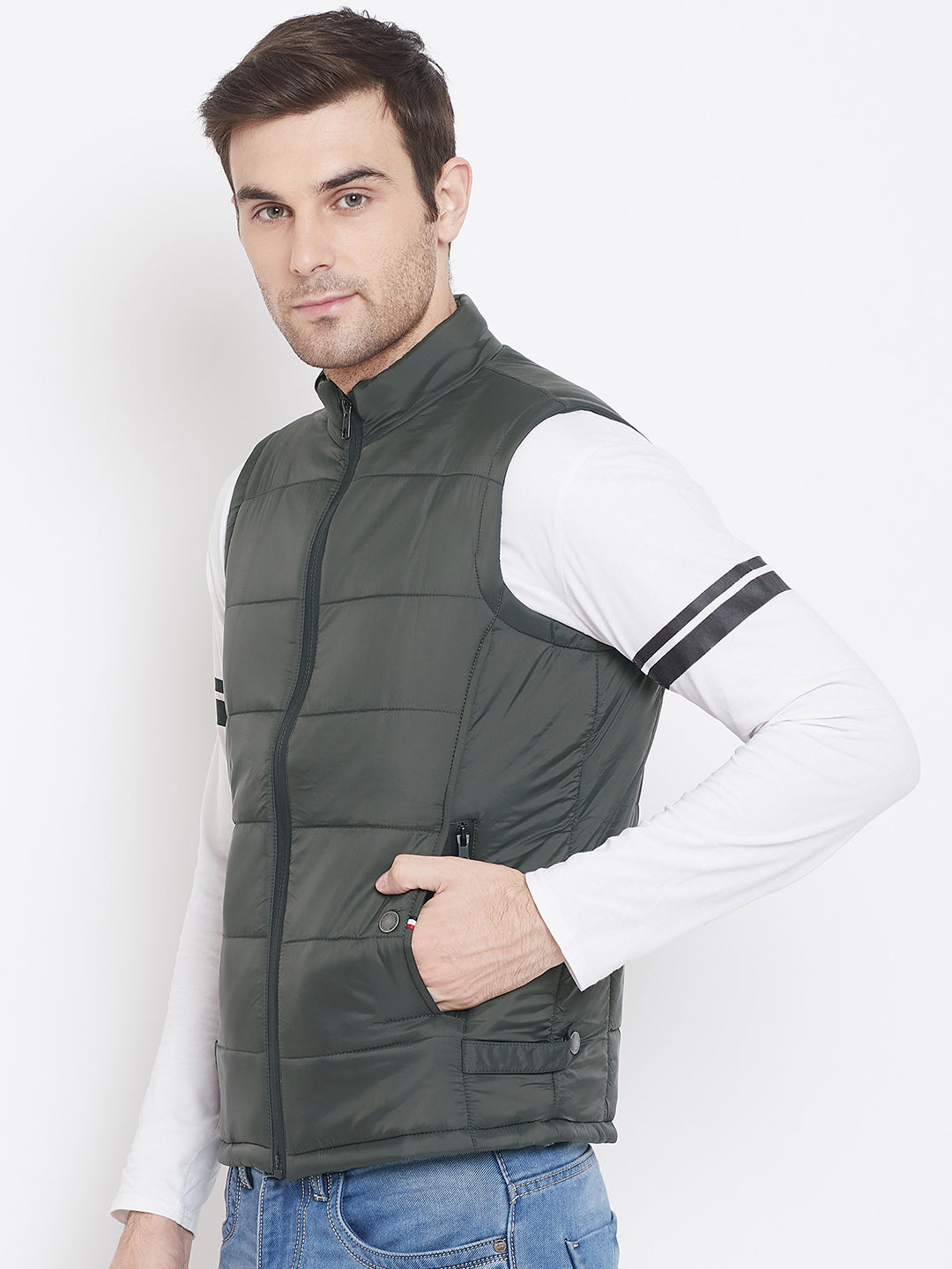 Olive Solid Mandarin Collar Jackets-Mens Jacket-Crimsoune Club