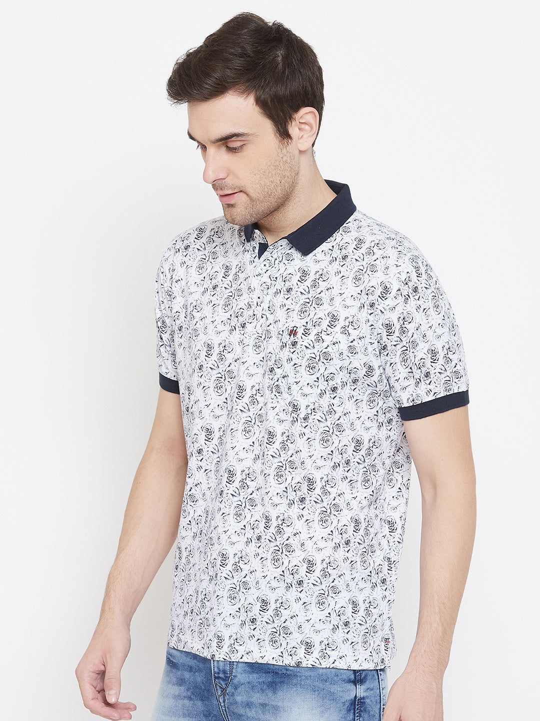 White Printed Polo Neck T-Shirt - Men T-Shirts