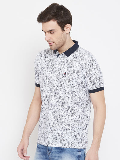 White Printed Polo Neck T-Shirt - Men T-Shirts