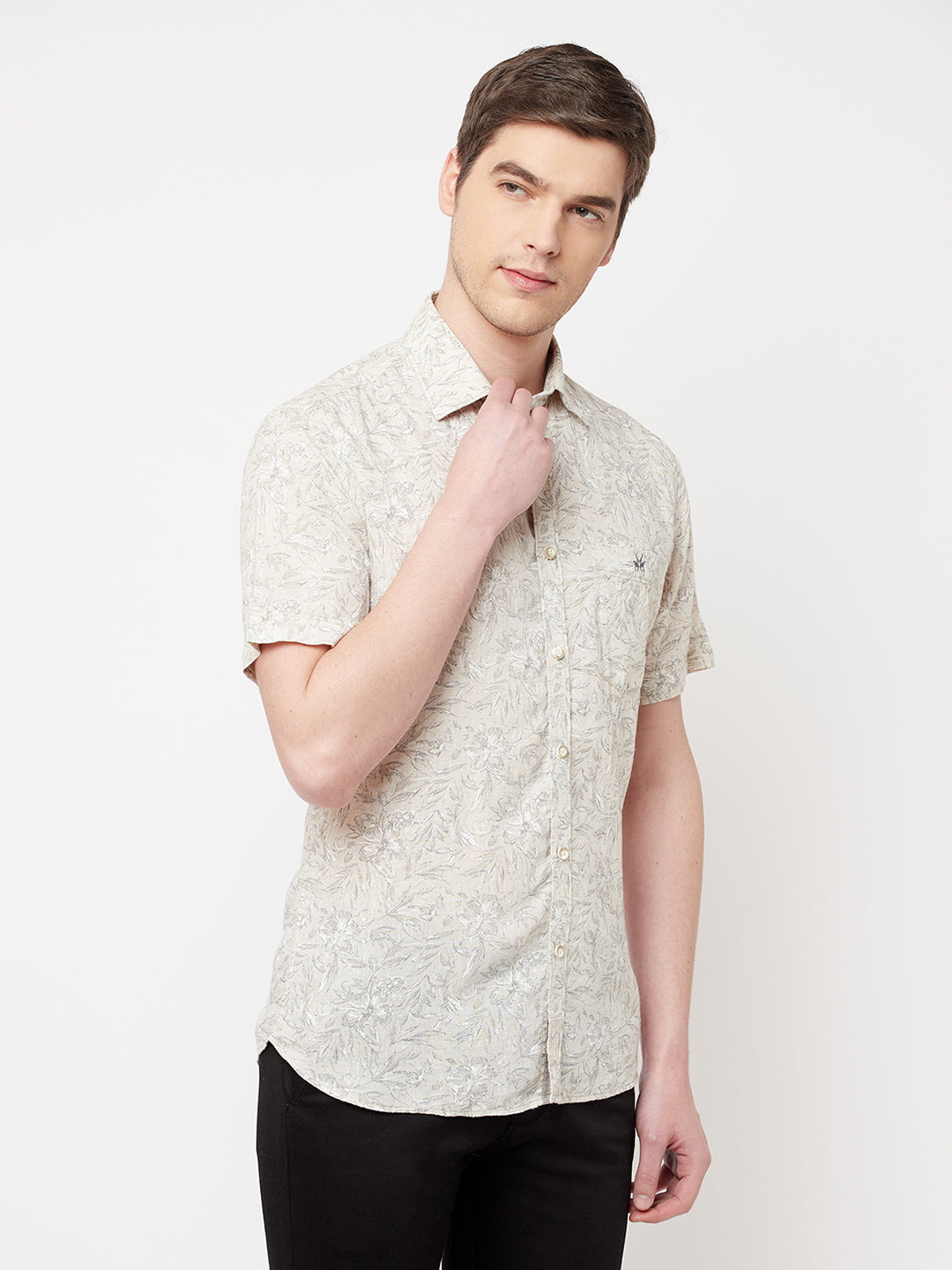 Beige Floral Linen Shirt - Men Shirts