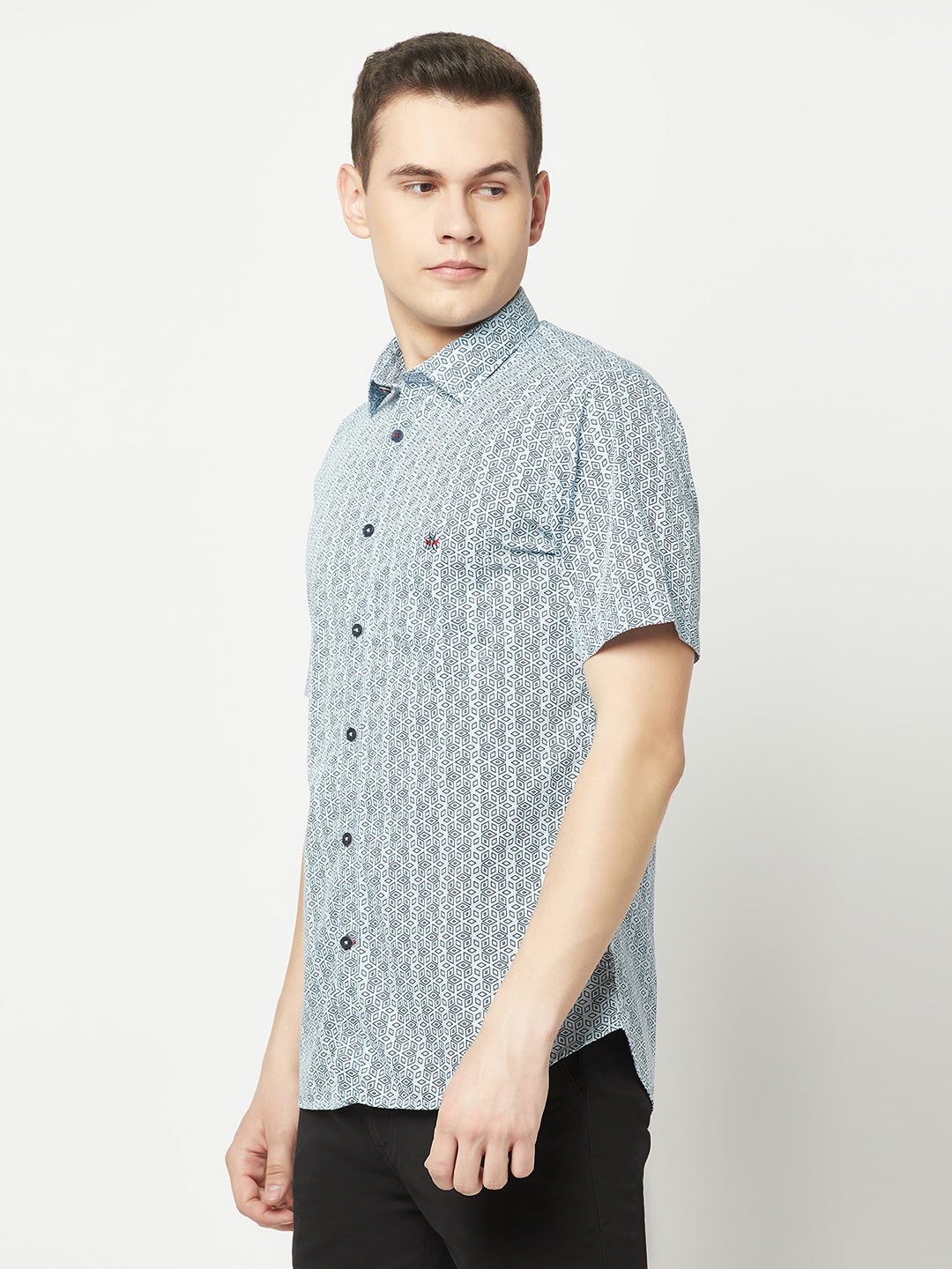  Short-Sleeved Sky Blue Motif Shirt 