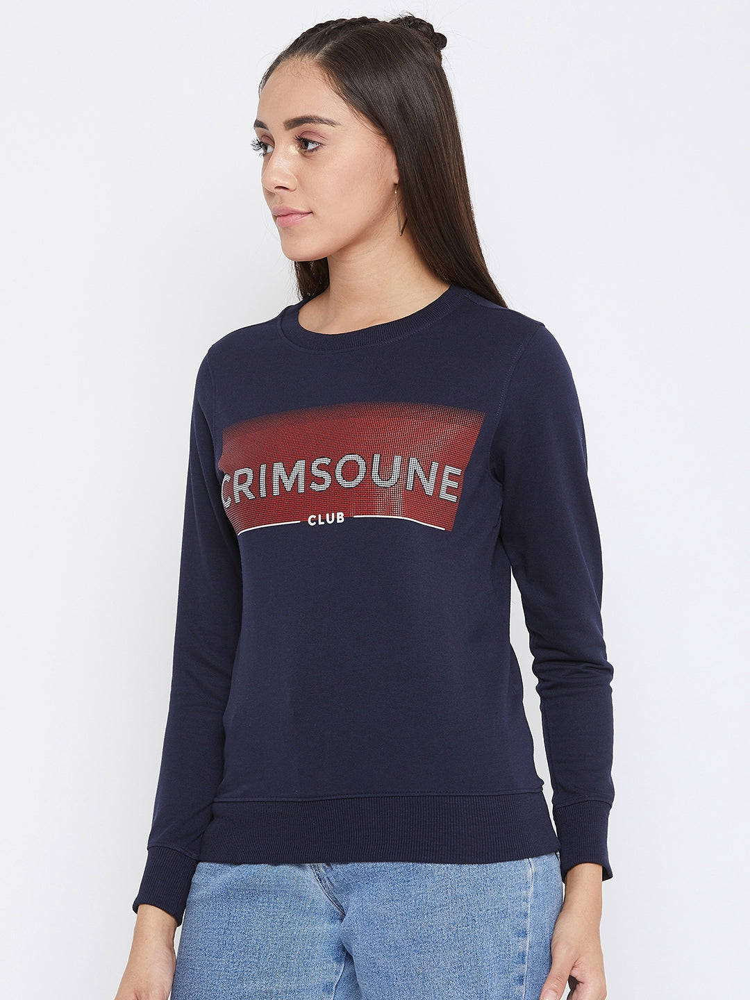 Navy Blue Printed Round Neck Sweatshirt - Women Sweatshirts