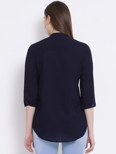 Black Mandarin Collar Slim Fit Shirt - Women Shirts