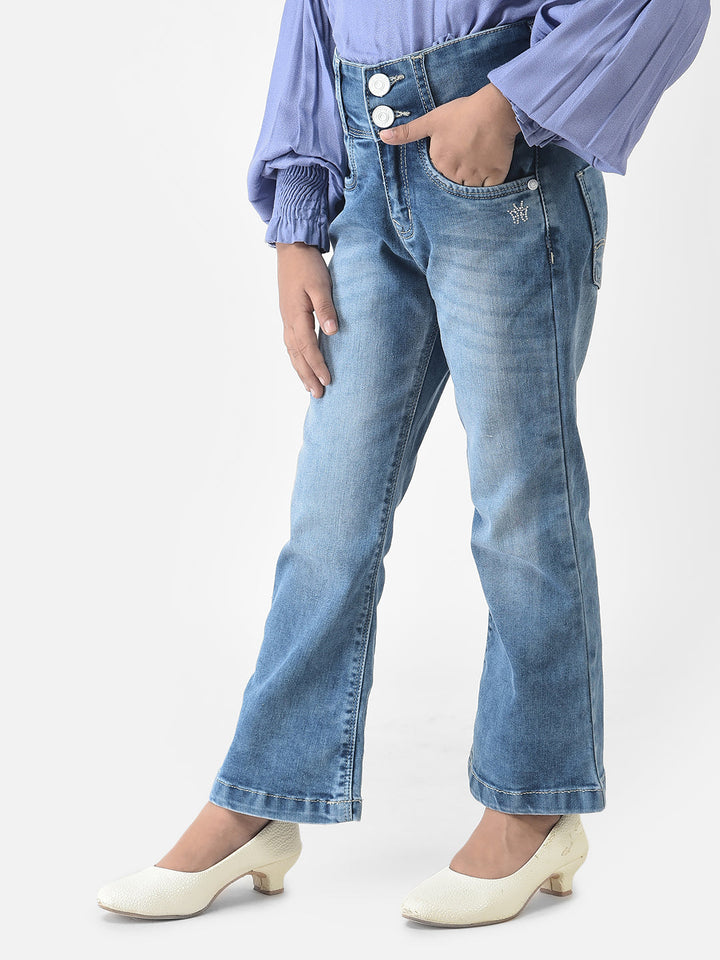  Blue Boot Cut Jeans with Light Wash Detailing 
