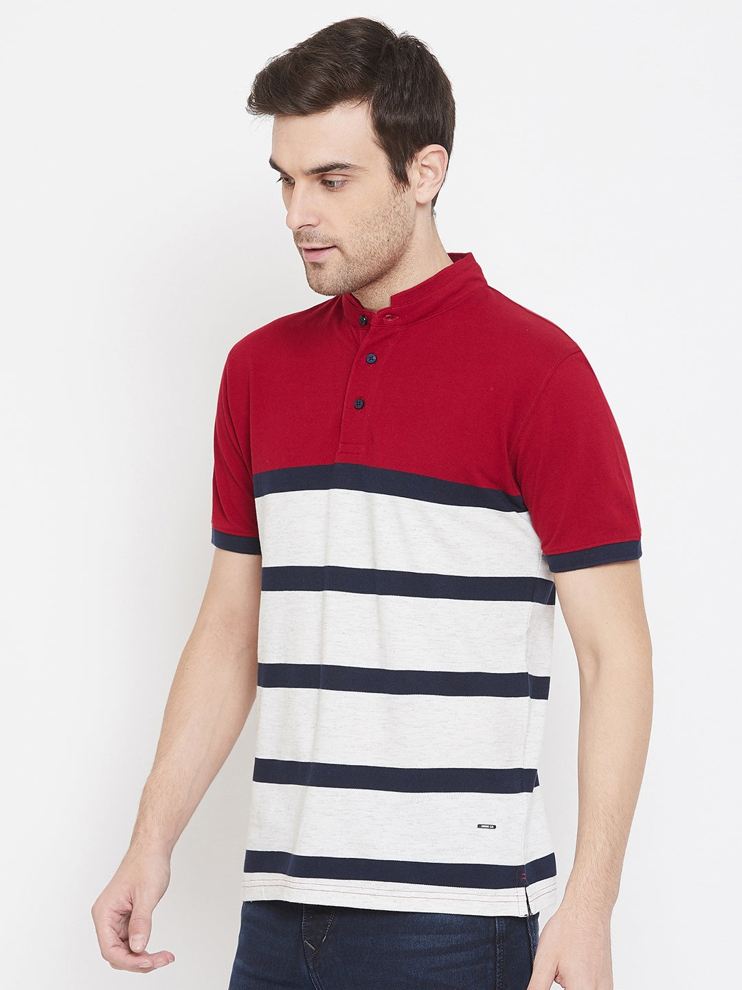 Red Striped Mandarin Neck T-Shirt - Men T-Shirts