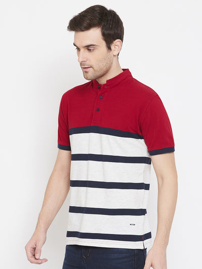 Red Striped Mandarin Neck T-Shirt - Men T-Shirts