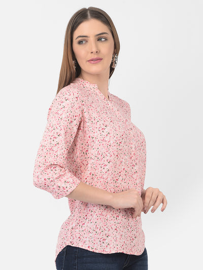 Pink Floral Printed Mandarin Collar Top - Apparel & Accessories