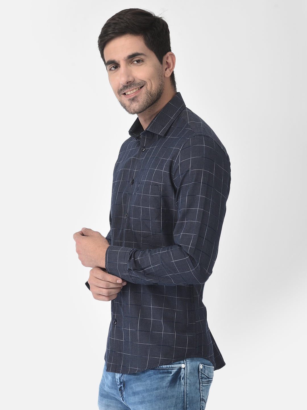 Navy Blue Windowpane Checked Shirt - Men Shirts