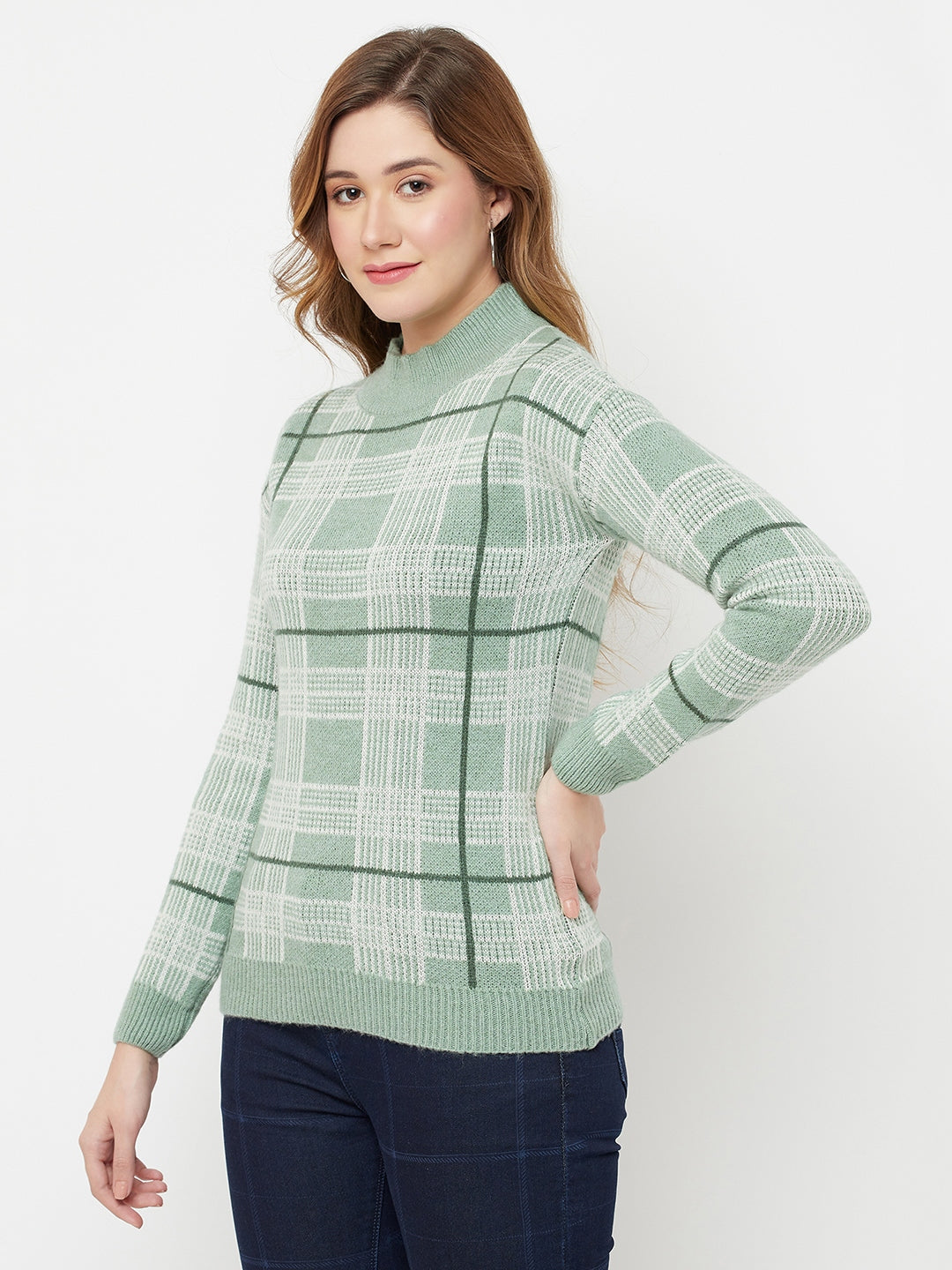 Green Checked Mock Neck Sweater - Women Sweaters
