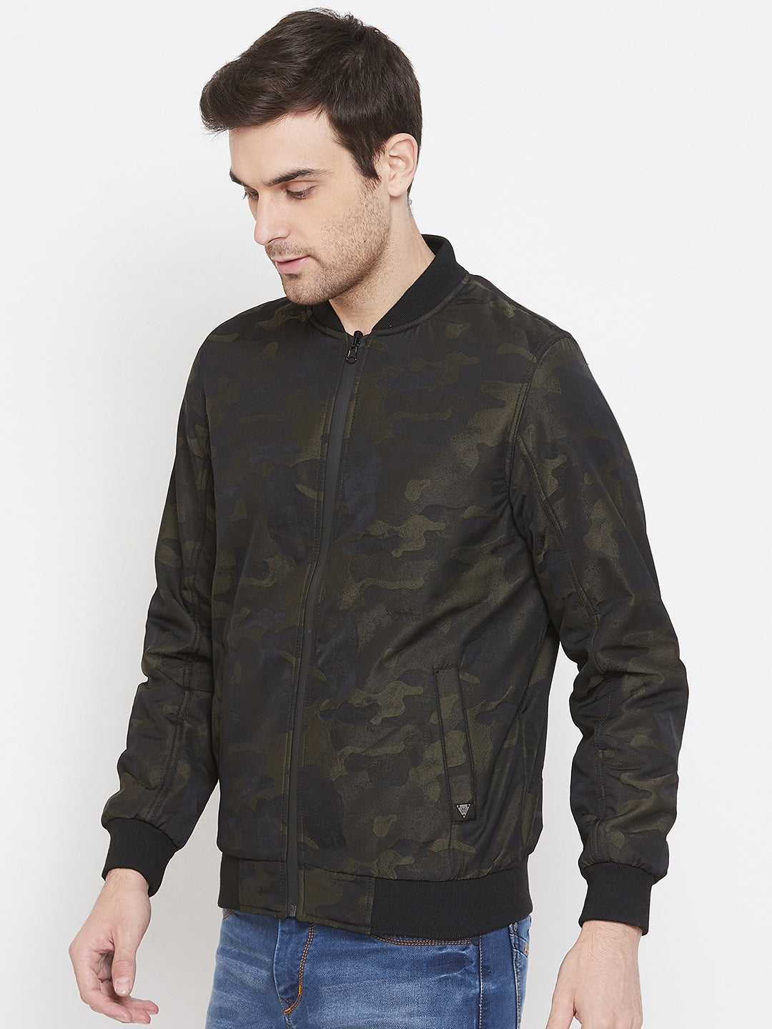 Olive Printed Mandarin Collar Jackets-Mens Jacket-Crimsoune Club