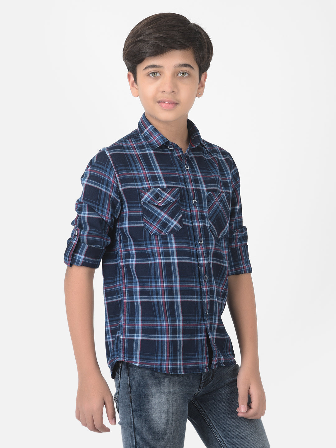 Navy Blue Multi Pockets Checked Shirt - Boys Shirts