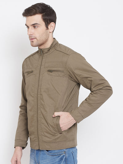 Beige Solid Mandarin Collar Jackets-Mens Jacket-Crimsoune Club