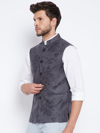 Dark Grey Floral Waistcoat - Men Waist Coat