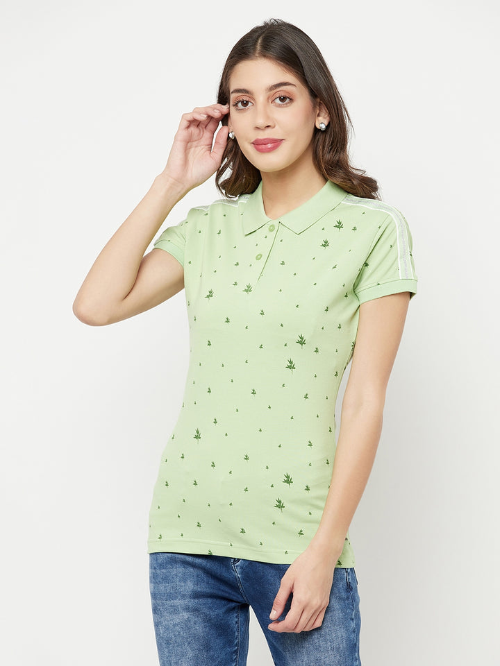 Green Floral Printed Polo Collar T-Shirt - Women T-Shirts