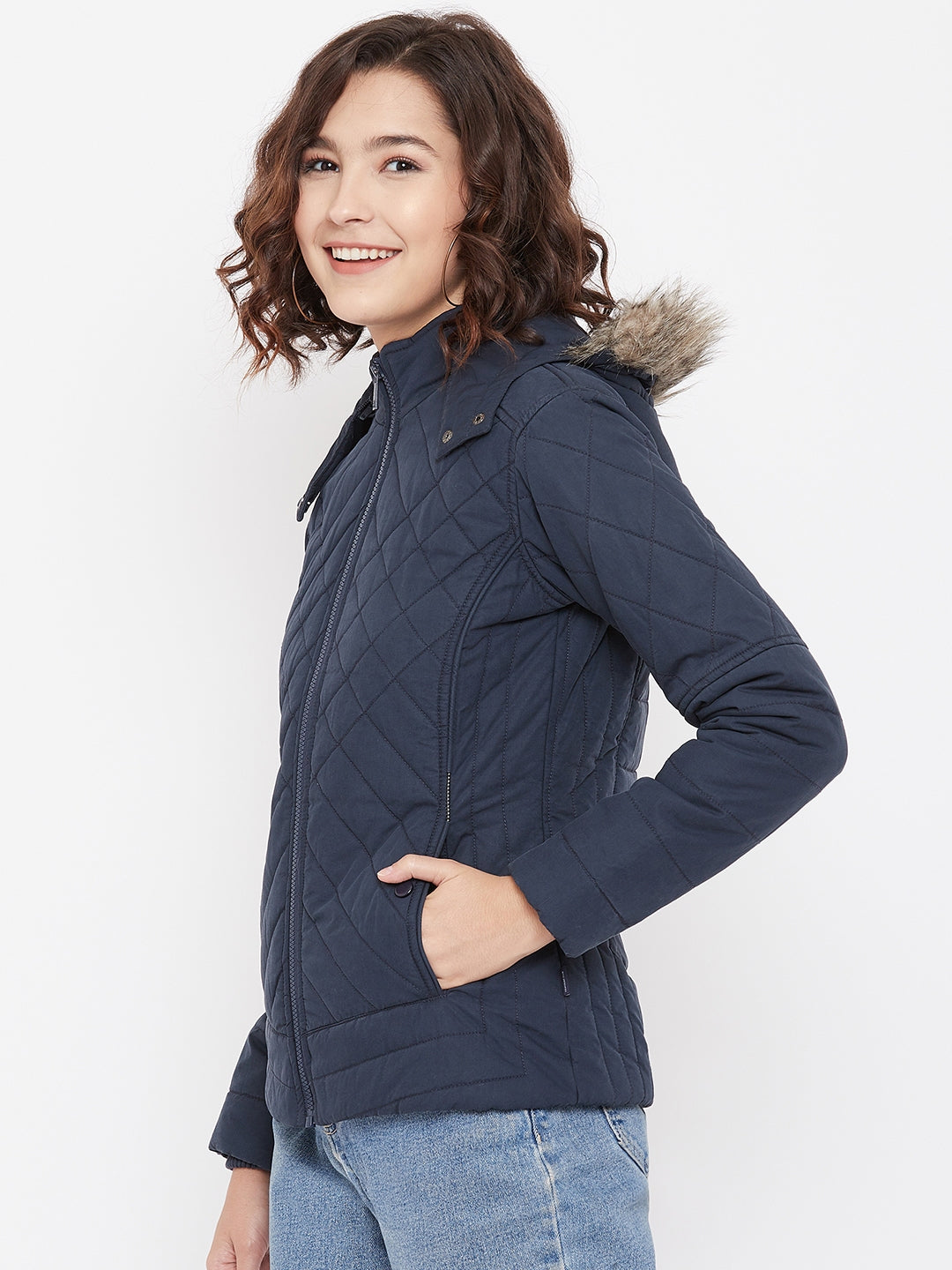 Navy Blue Hooded Jacket - Women Jackets