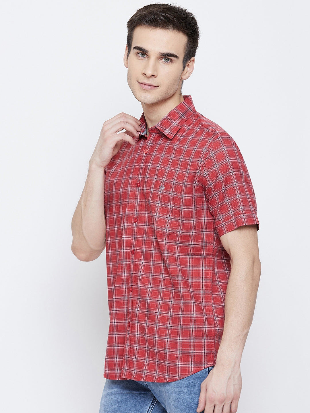Red Checked Spread Collar Slim Fit Shirt - Men Shirts