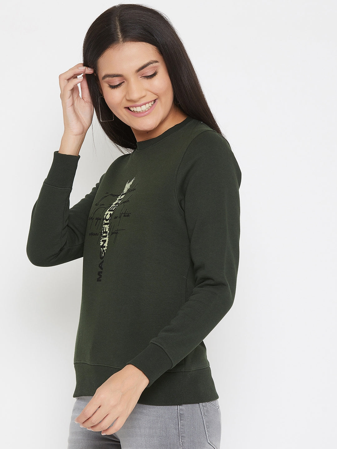 Olive Printed Round Neck Sweatshirt - Women Sweatshirts