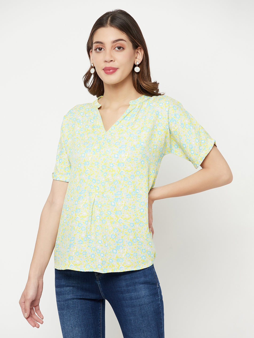 Green Floral Printed V-Neck Top - Women Tops