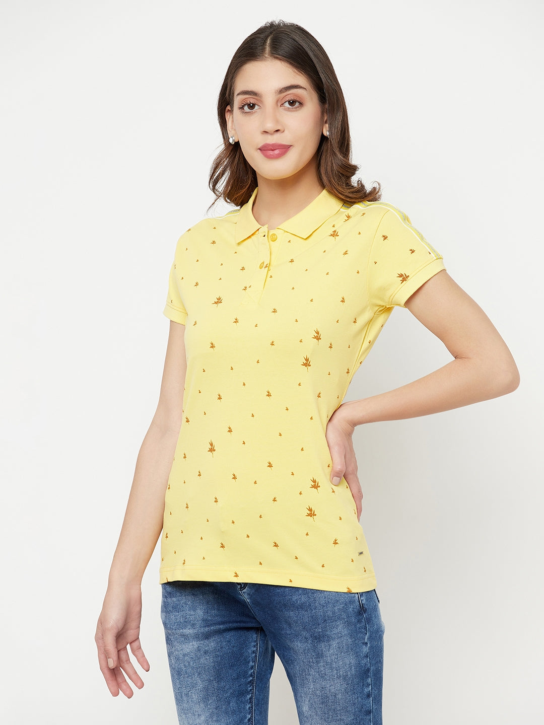 Yellow Floral Printed Polo Collar T-Shirt - Women T-Shirts