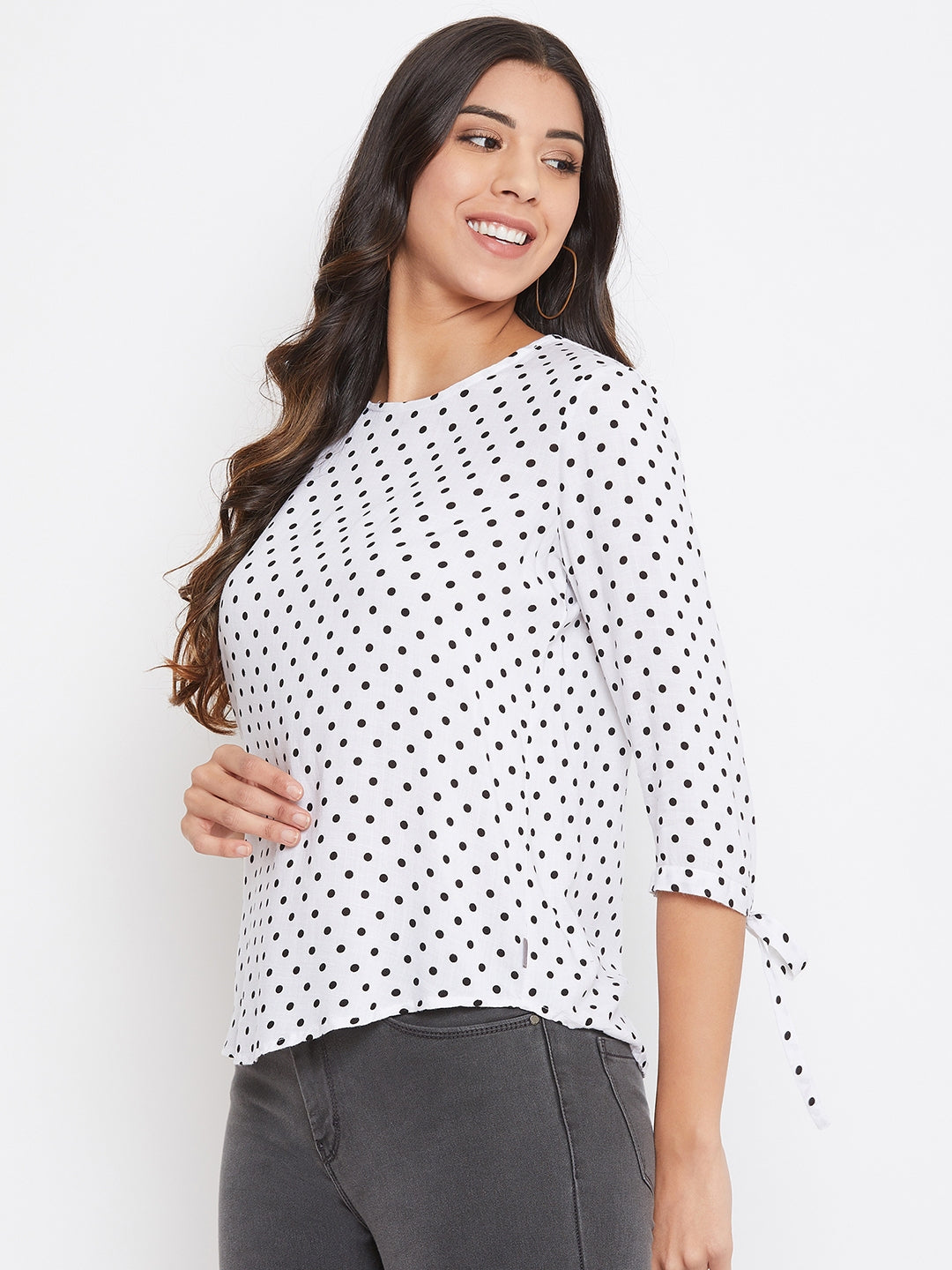 White Pokla Dots Slim Fit Top - Women Tops