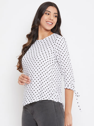 White Pokla Dots Slim Fit Top - Women Tops