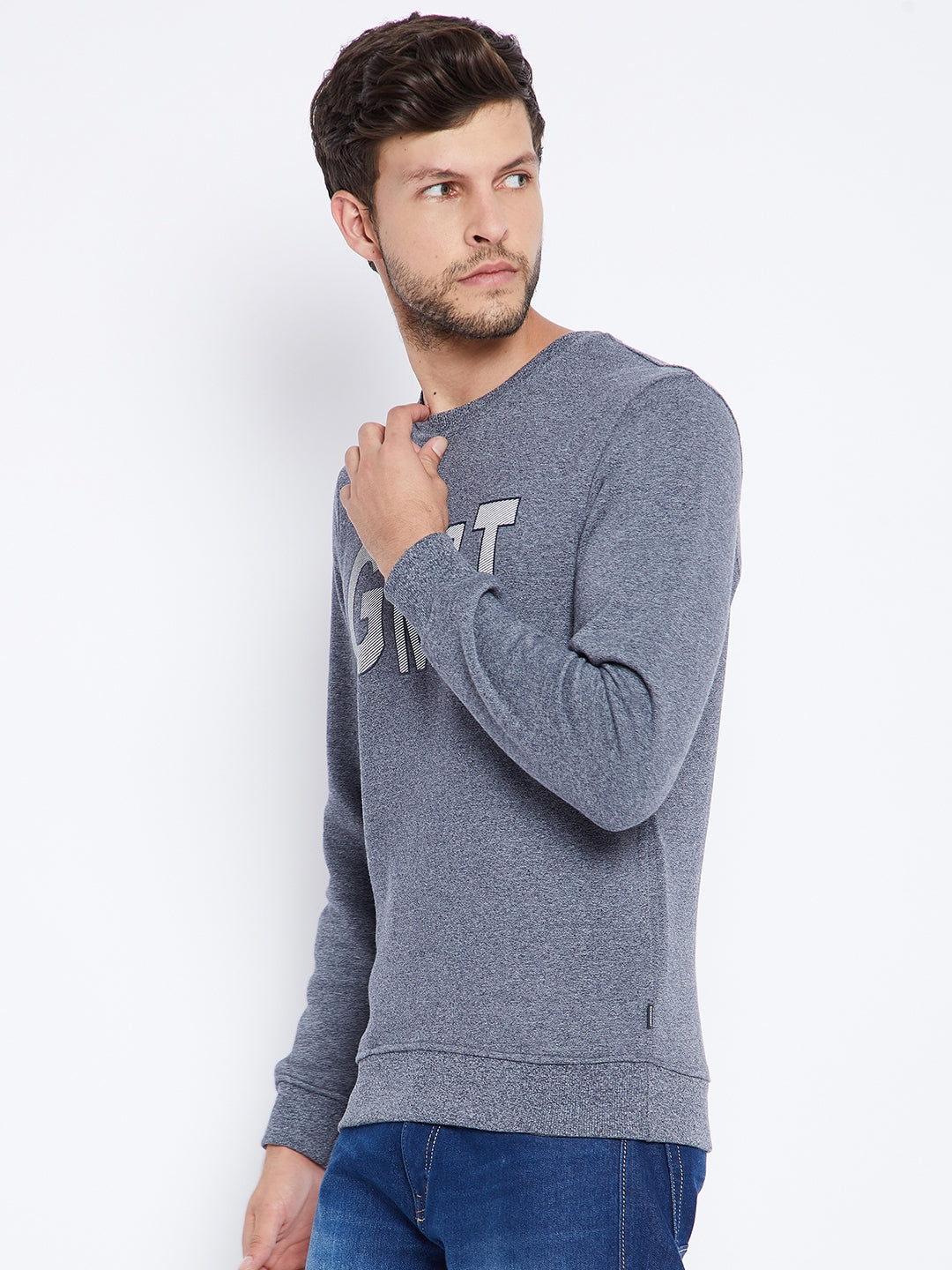 Blue Printed Round Neck Sweatshirt - Men Sweatshirts