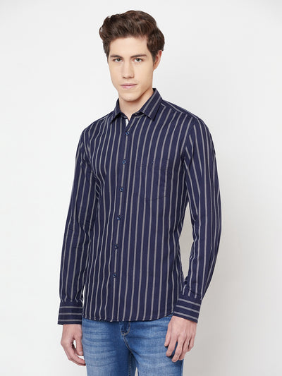 Navy Blue Striped Shirt - Men Shirts