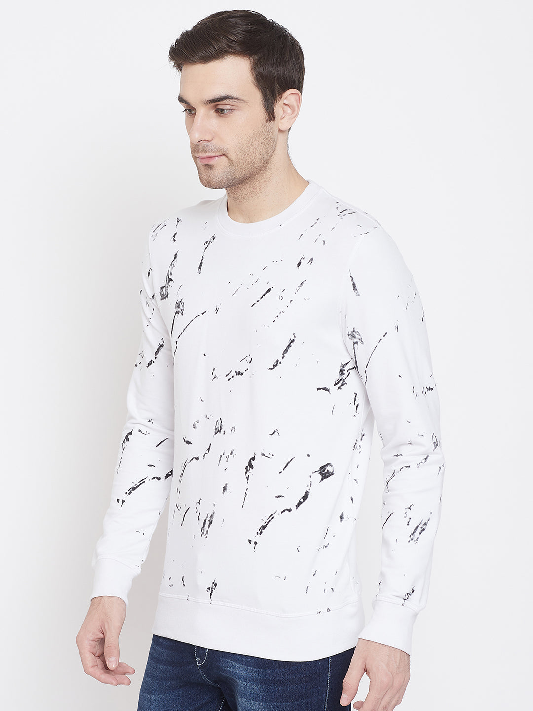 White Printed Round Neck Sweatshirt - Men Sweatshirts