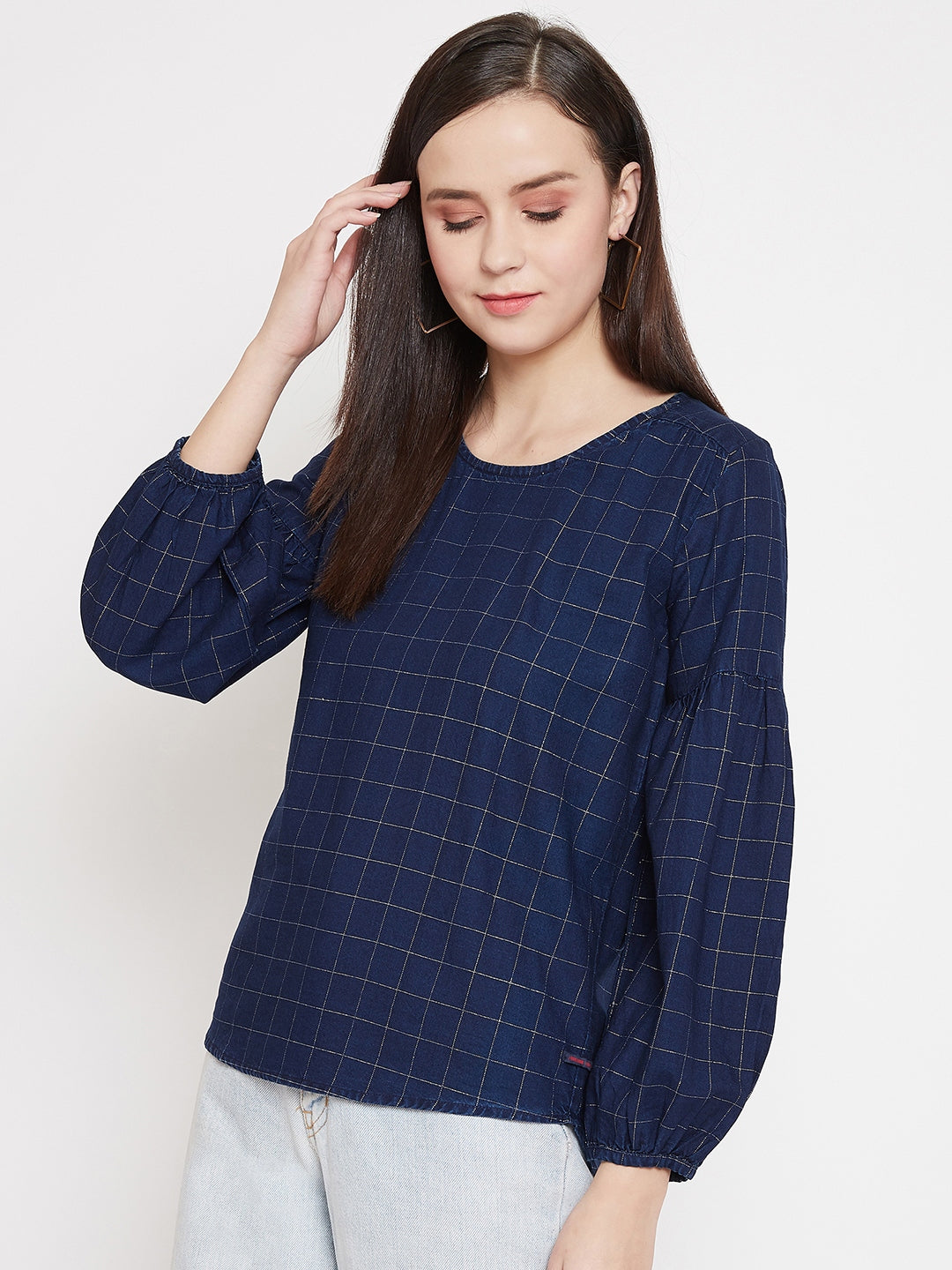 Navy Blue Checked Round Neck Tops - Women Tops