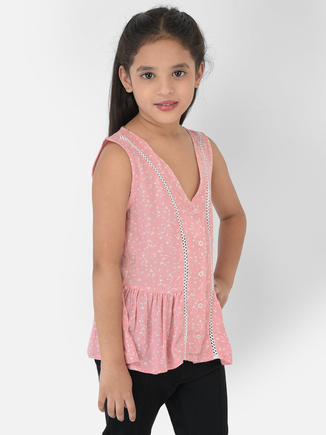 Pink Printed V-Neck Empire Top - Girls Tops
